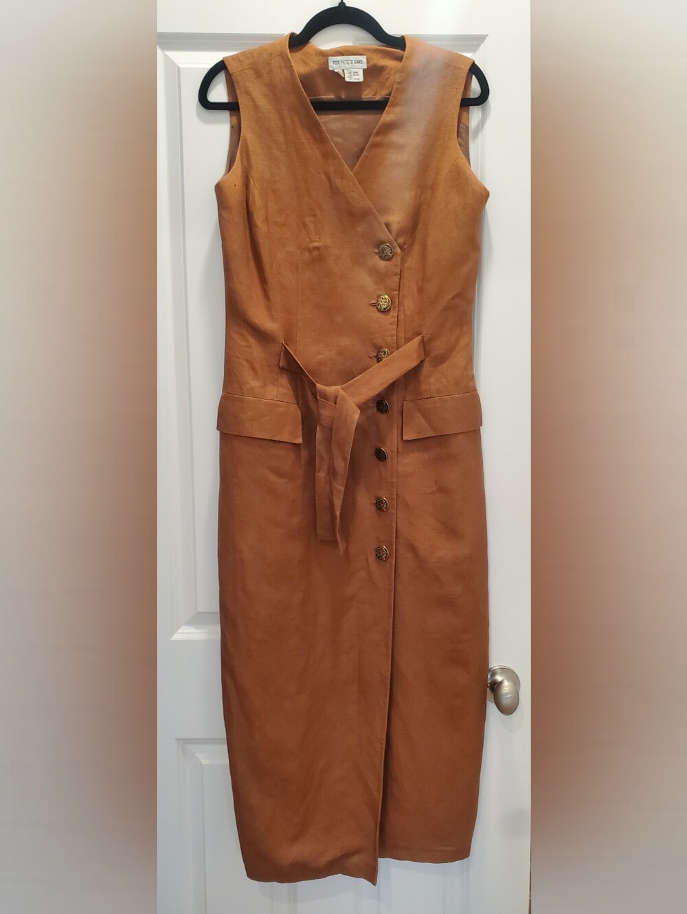 Vintage For Pete's Sake Button-Front Midi Dress with Belt, 55% Linen, Size 6